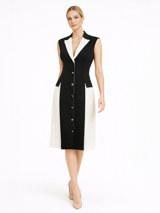 JOSEPH & EREN Dresses & Skirts - JOSEPH & EREN Paris Black White Pleated Dress Contrast Lapel Button Front US 10